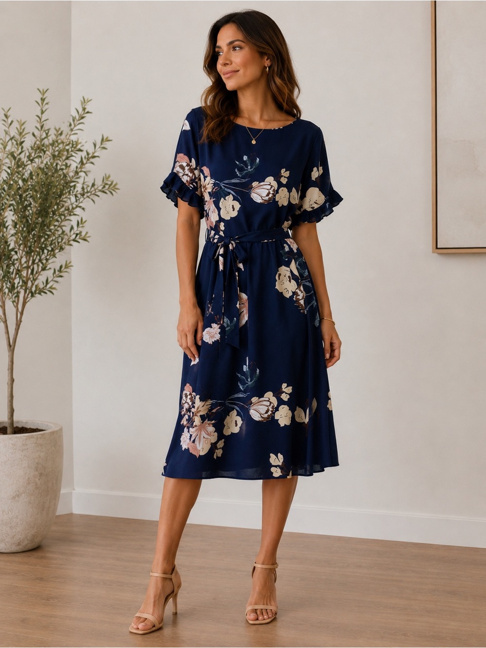 Floral Navy Belted Midi Dress